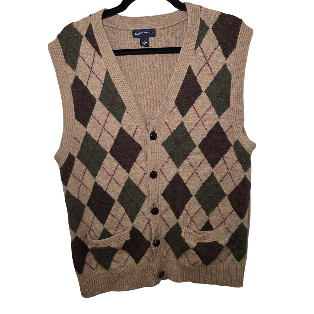Lands End Mens Large Argyle Sweater Vest Wool Blend Button Front Preppy Academia